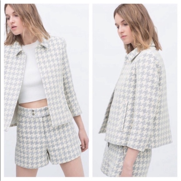 Zara Jackets & Blazers - Zara Made in Spain Glen Short Coat Blazer Jacket Houndstooth Cream/Blue
